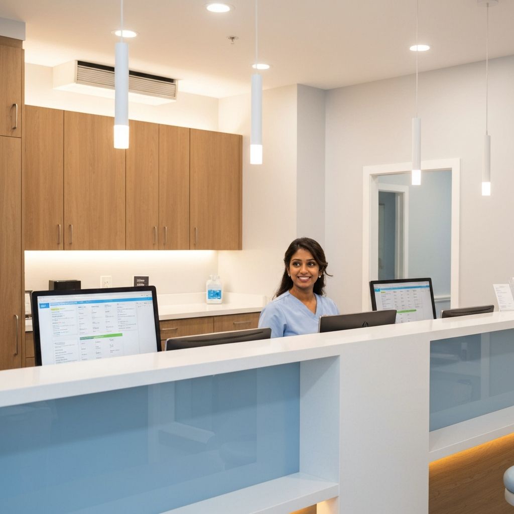 Modern dental practice front desk managing patient flow